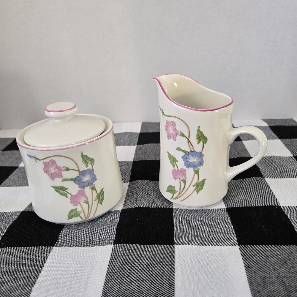 Primavera Stoneware Cream & Sugar W/ Lid Morning Glories No Chips Nor Crazing‎